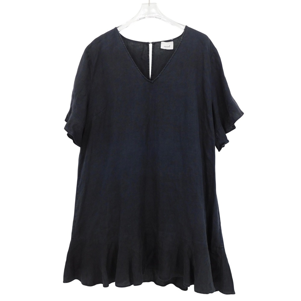 Seed Heritage Black‎ 100% Linen Flutter Sleeve Frilled Hem Mini Dress V-Neck